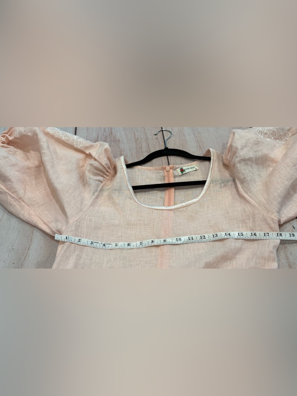 Fanm Mon Mardin Dress Women's Size M Peach 100% Linen Embroidered Puff Sleeve - Picture 7 of 10